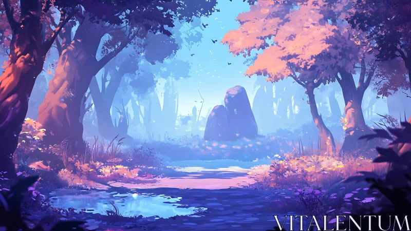 Chromatic Forest Landscape: Luminous Woodland with Layered Atmospheric Depth