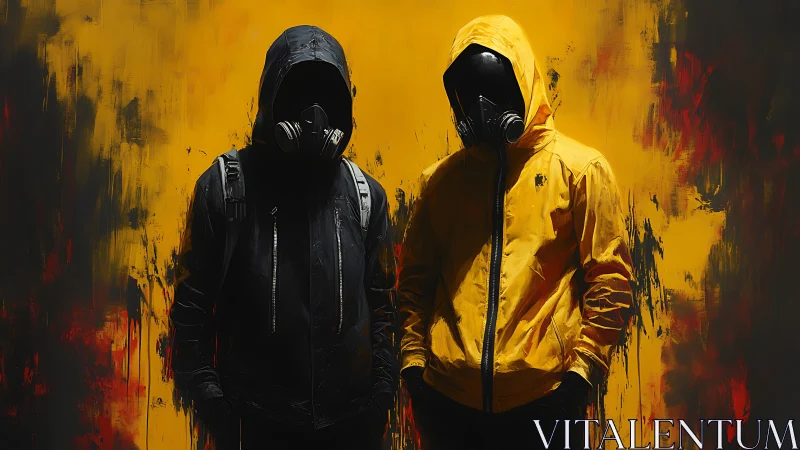 Hooded gas mask figures against abstract yellow red backdrop