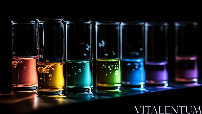 Seven quiet test tubes whisper color across the dark