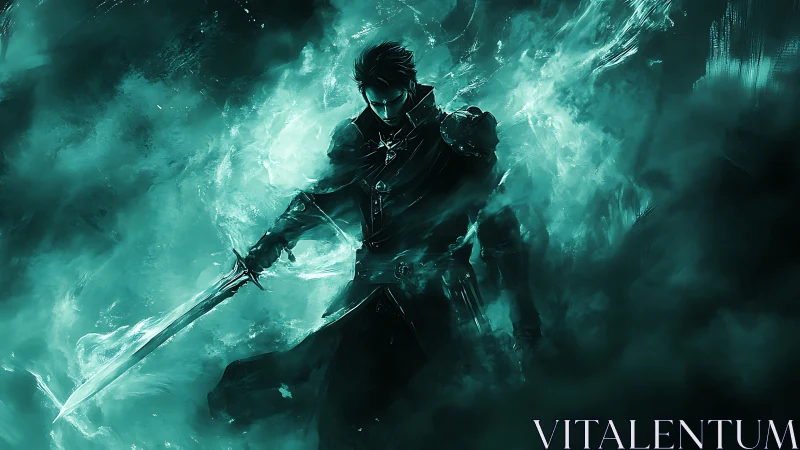 Mysterious sword-wielder rising from swirling teal mist.