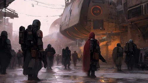 Wanderers beneath a rusted starship in misty dusk streets.