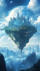 Elevated futuristic city structure hovers above cloud layer