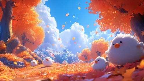 Fluffy bird-like figures occupy stylized autumn forest path