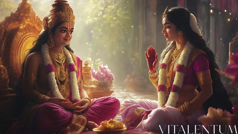 Golden divine dialogue in a lotus-lit royal pavilion glow.