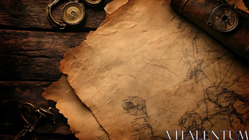 Weathered nautical map lies on rustic wooden table