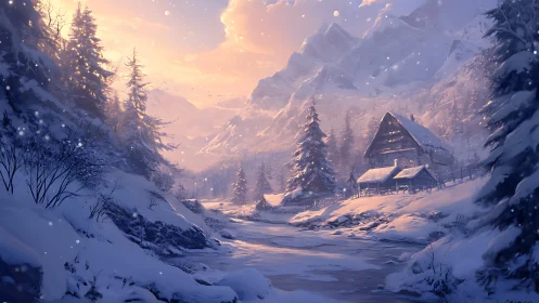 Snowdrift cabin dreaming beneath rose-gold mountain skies.