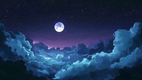 Luminous full moon over stylized clouds in deep night sky.