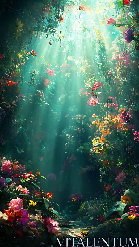 Sunbeams penetrate a lush fantastical floral forest cavern