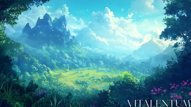 Fantasy Mountain Valley with Towering Peaks.