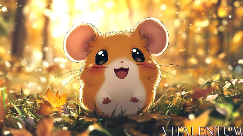 Cute autumn hamster glows in warm golden forest light.