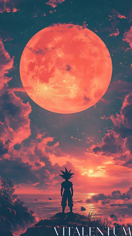 Stargazing warrior greets a glowing red moon at sunset