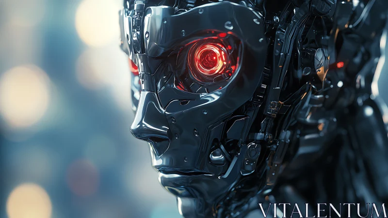 Chrome humanoid robot head with intense red illuminated eye