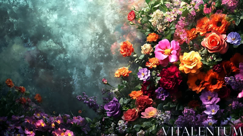 Vibrant Floral Cascade Against Textured Teal and Copper Backdrop.