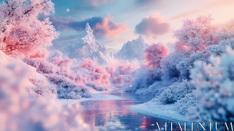 Iridescent winter river beneath pastel alpine peaks.