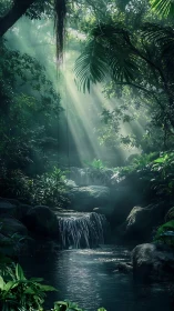 Sunlit rainforest cascade rendered in atmospheric digital realism