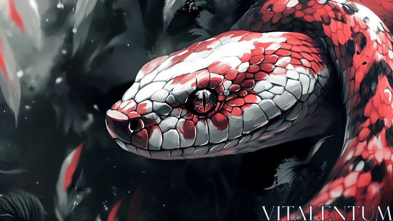 Crimson and ivory serpent gliding through twilight leaves.