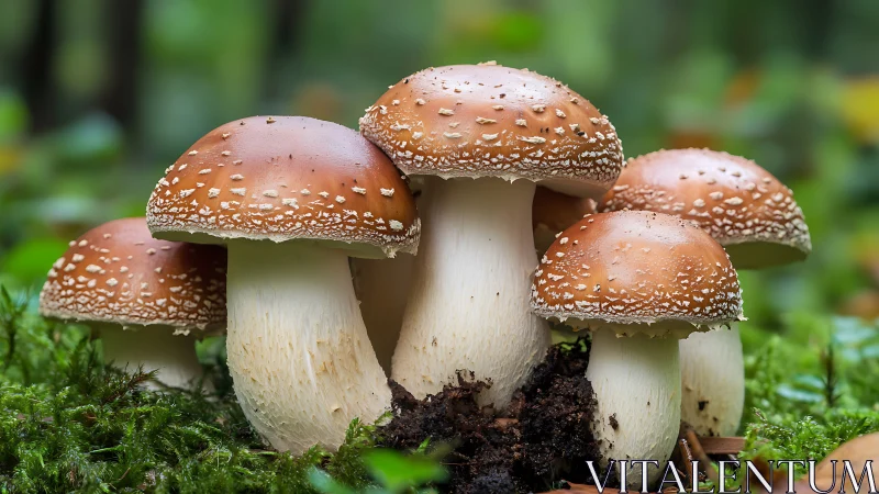 Cozy forest mushroom family nestled in soft green moss.