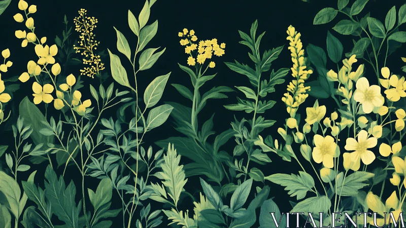 Yellow flowers and green foliage rendered on dark background in botanical composition