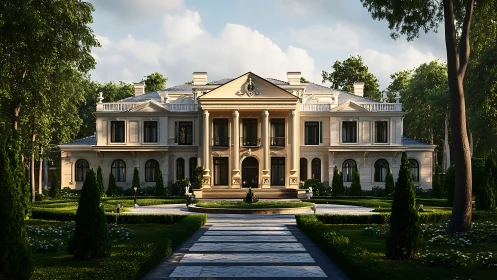 Neoclassical mansion with landscaped garden frontage.