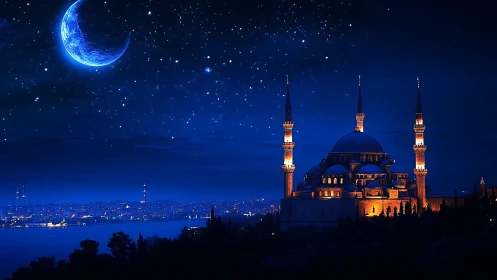 Moonlit blue mosque skyline under star-filled night sky