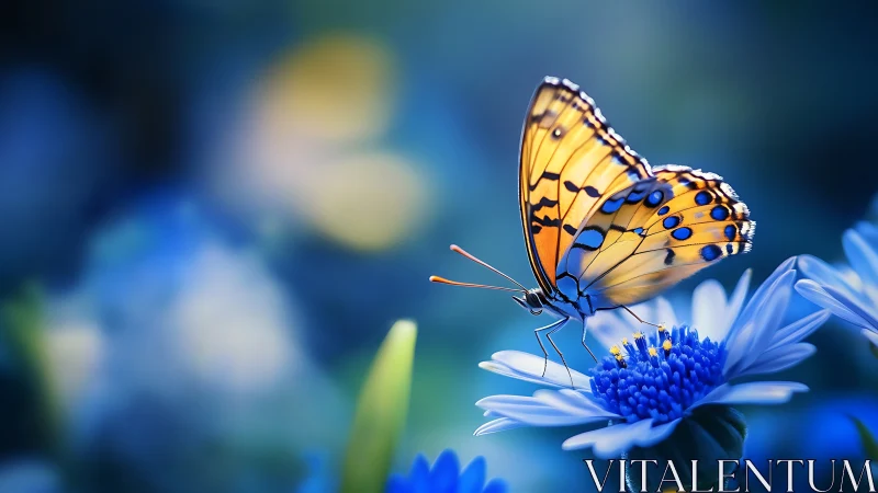 Butterfly on blue daisy in shallow depth of field scene.