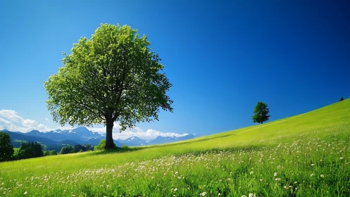 Single tree dominates high-saturation meadow landscape under deep sky