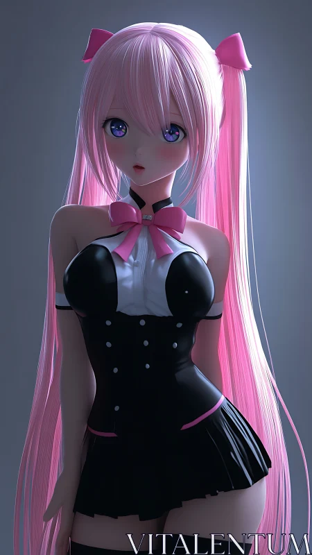 Soft-lit pink-haired anime girl in glossy maid outfit.