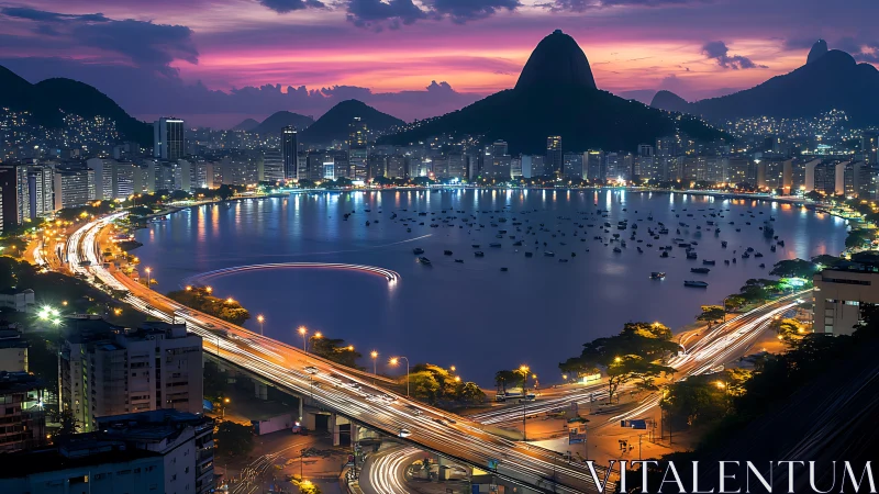 Twilight long-exposure cityscape encircles illuminated coastal bay
