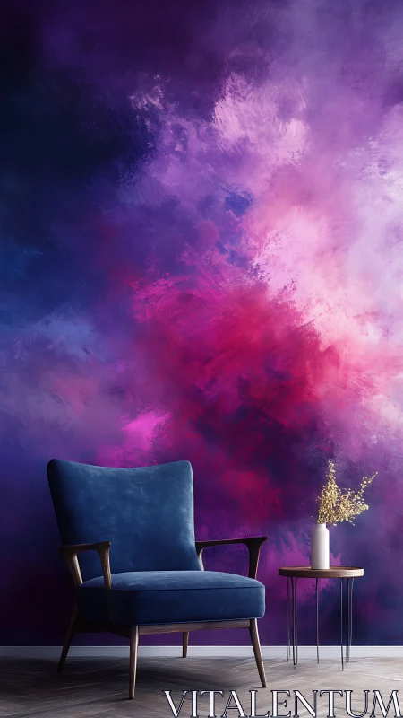 Cozy blue lounge chair against dreamy purple art wall.