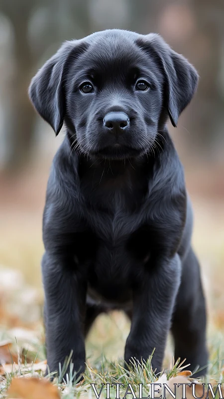 Black Labrador puppy gazes softly in a blurry autumn field.