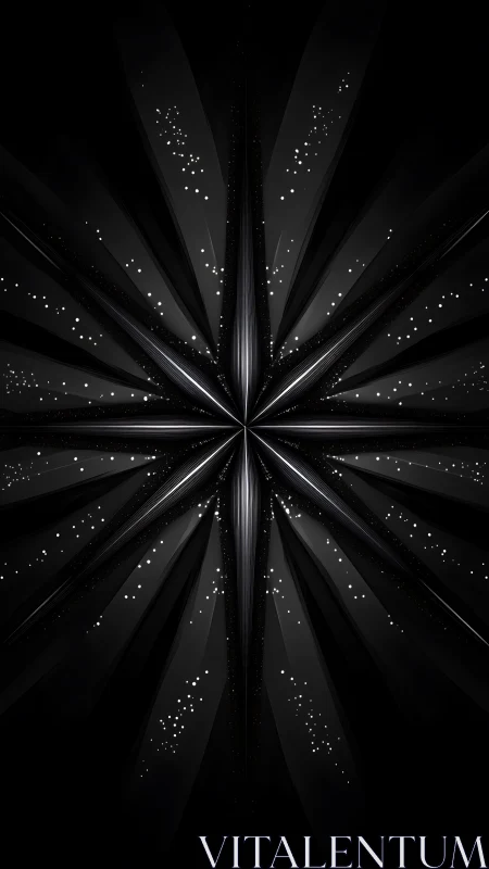 Radial black abstract starburst with scattered white specks.