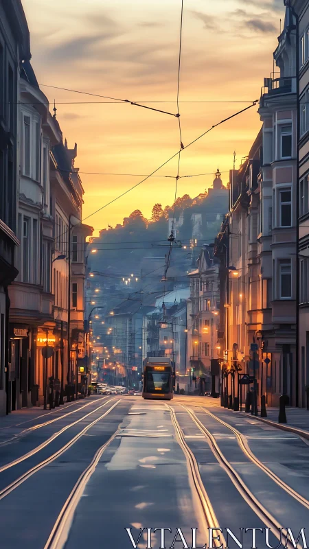Sunrise tram glides down a glowing river of city rail