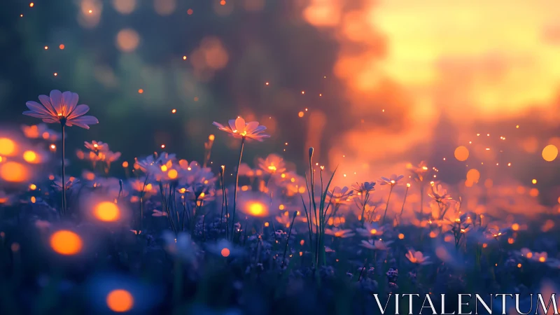 Luminous wildflower field bathed in golden sunset glow