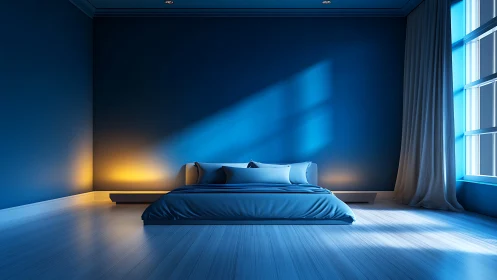 Minimalist blue bedroom glows with dramatic ambient light.
