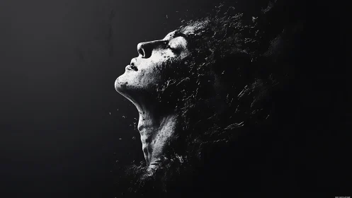 Shattered monochrome portrait dissolves into dark void.