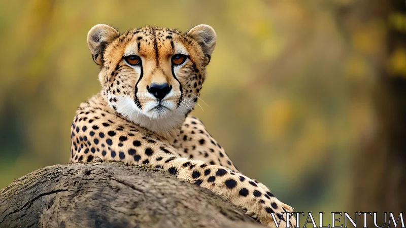 Cheetah rests on sunlit log amid soft golden bokeh.
