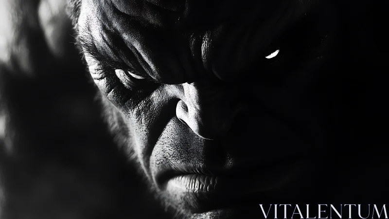 Shadowed powerhouse gazing out with intense glowing eyes.