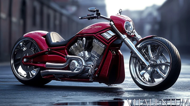 Chromed V-twin custom power cruiser in urban streetscape focus.