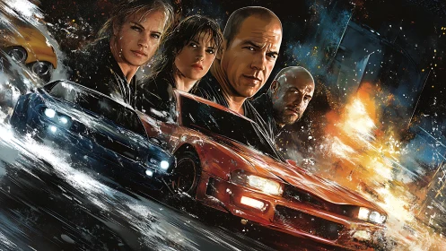 Dynamic motion illustration of street racers and explosive chase