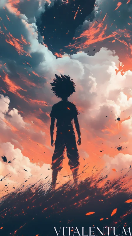 Silhouetted youth beneath blazing rift in stormy sky.