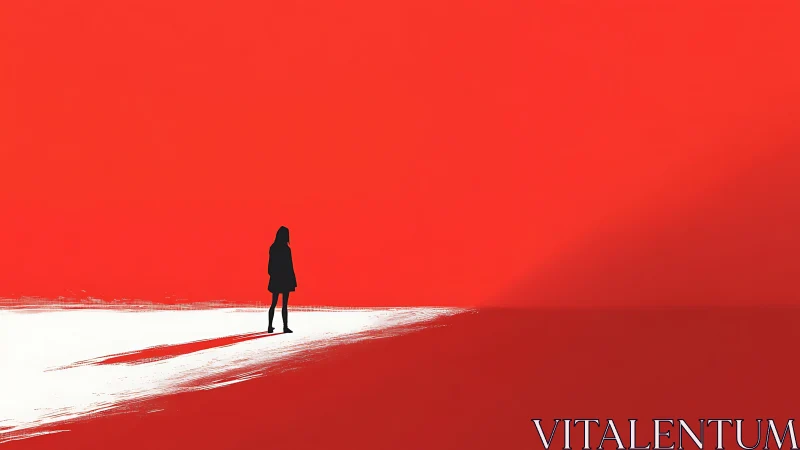 Silhouetted figure stands on high contrast red-white minimalist plane