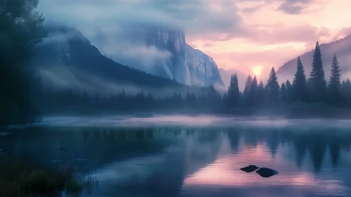 Mist-draped valley lake where pastel dawn quietly shimmers.