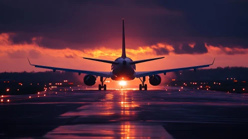 Passenger jet aligns on wet runway during intense sunset glow