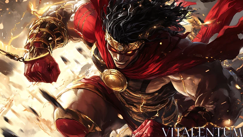 Mythic warrior in crimson charge through flying sparks.