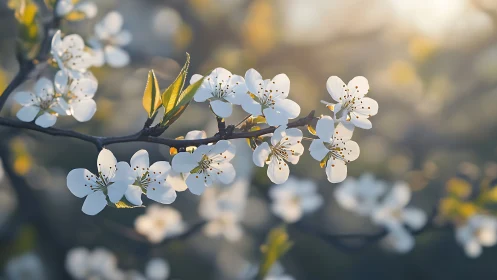 Spring Blossom Branch: Delicate White Flowers in Golden Hour Light.