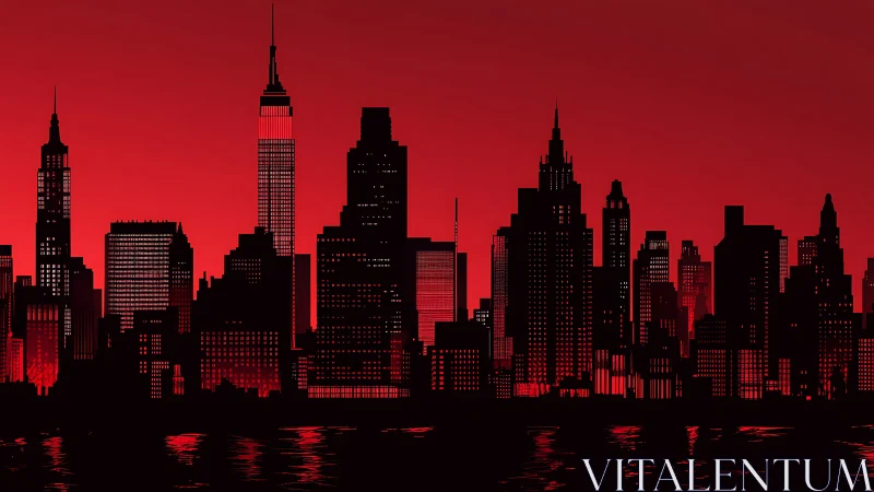 Crimson skyline silhouette with illuminated city high-rises.