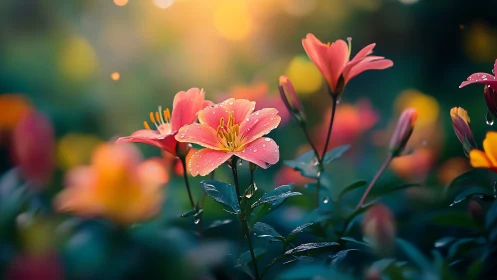 Pink Trumpet Flowers with Dew Drops, Macro Botanical Close-up.