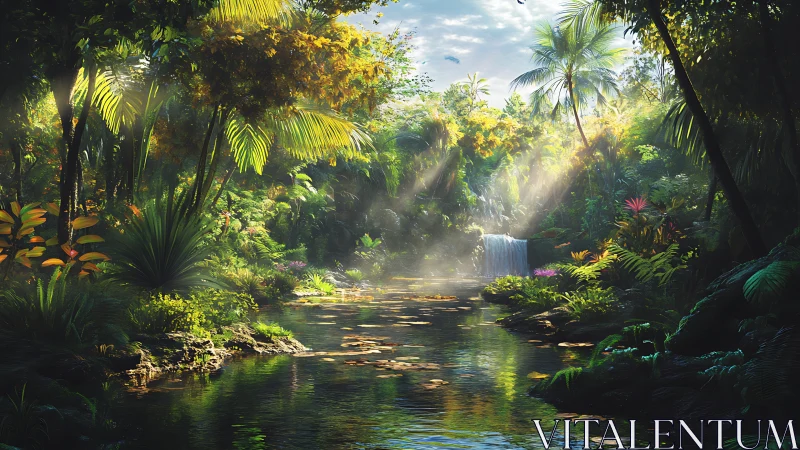 Dense tropical river landscape with waterfall and sunlight.