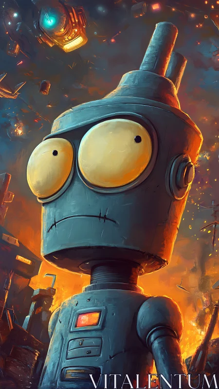 Wide-eyed cartoon robot in fiery industrial sci-fi ruin