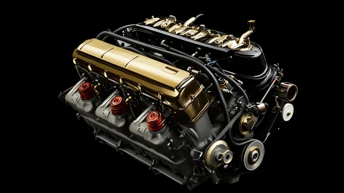 Gold-accented inline-six combustion engine in studio isolation.